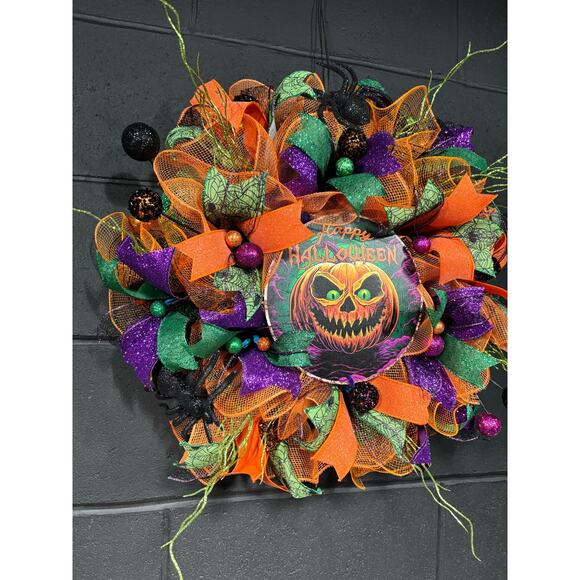 Halloween Wreath For Front Door Spooky Pumpkin Purple Orange Green 28 inch - Picture 2 of 6